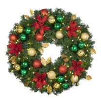 30" Lit LED Warm White Decorated Wreath - Elegant Poinsettia - Bow Option Available