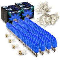 Light Line Kit - SPT-1 C9 100' White Cord, 12" spacing, 100 Blue Bulbs, with 4 Male and Female Slide on Plugs
