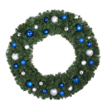 48" Lit LED Warm White Decorated Wreath - Blue and Silver Décor - Bow Option Available