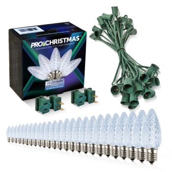 Light Line Kit - SPT-1 C9 25' Green Cord, 12" spacing, 25 Cool White Bulbs, with 2 Male and Female Slide on Plugs