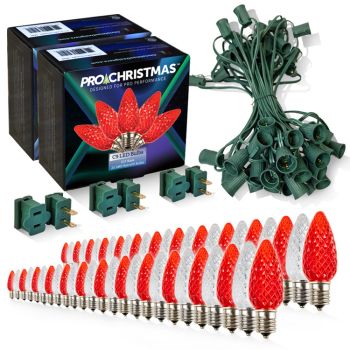 Light Line Kit - SPT-1 C9 50' Green Cord, 12" spacing, 25 Cool White and 25 Red Bulbs, with 3 Male and Female Slide on Plugs