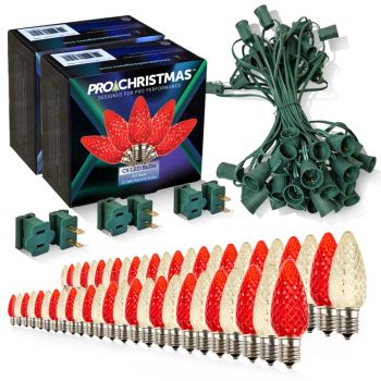 Light Line Kit - SPT-1 C9 50' Green Cord, 12" spacing, 25 Warm White and 25 Red Bulbs, with 3 Male and Female Slide on Plugs