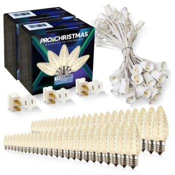 Light Line Kit - SPT-1 C9 50' White Cord, 12" spacing, 50 Warm White Bulbs, with 3 Male and Female Slide on Plugs