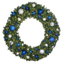 72" Lit LED Warm White Decorated Wreath - Blue and Silver Décor - Bow Option Available