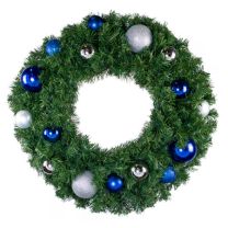 30" Unlit Decorated Wreath - Blue and Silver Décor - Bow Option Available