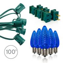 Light Line Kit - SPT-1 C9 100' Green Cord, 12" spacing, 100 Blue Bulbs, with 3 Male and 3 Female Slide on Plugs