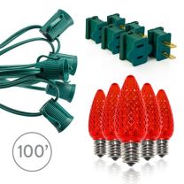 Light Line Kit - SPT-1 C9 100' Green Cord, 12" spacing, 100 Red Bulbs, with 3 Male and 3 Female Slide on Plugs