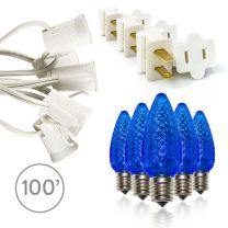 Light Line Kit - SPT-1 C9 100' White Cord, 12" spacing, 100 Blue Bulbs, with 3 Male and 3 Female Slide on Plugs