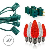 Light Line Kit - SPT-1 C9 50' Green Cord, 12" spacing, 25 Cool White and 25 Red Bulbs, with 2 Male and 2 Female Slide on Plugs