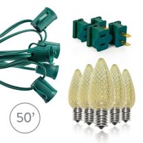 Light Line Kit - SPT-1 C9 50' Green Cord, 12" spacing, 50 Warm White Bulbs, with 2 Male and 2 Female Slide on Plugs