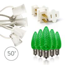 Light Line Kit - SPT-1 C9 50' White Cord, 12" spacing, 50 Green Bulbs, with 2 Male and 2 Female Slide on Plugs