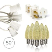 Light Line Kit - SPT-1 C9 50' White Cord, 12" spacing, 50 Warm White Bulbs, with 2 Male and 2 Female Slide on Plugs