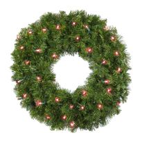 24" Deluxe Oregon Fir Wreath, Lit Red, Bow Option Available