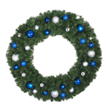 48" Lit LED Warm White Decorated Wreath - Blue and Silver Décor - Bow Option Available