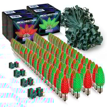 Light Line Kit - SPT-1 C9 100' Green Cord, 12" spacing, 50 Red and 50 Green Bulbs, with 4 Male and Female Slide on Plugs