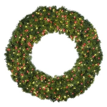 60" Deluxe Oregon Fir Wreath with Warm White and Red LED Lights