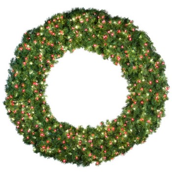 72" Deluxe Oregon Fir Wreath - Lit with Pure White and Red LEDs - No Bow