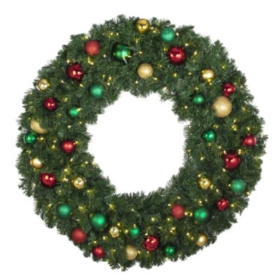 48" Lit LED Warm White Decorated Wreath - Colors of the Holidays - Bow Option Available