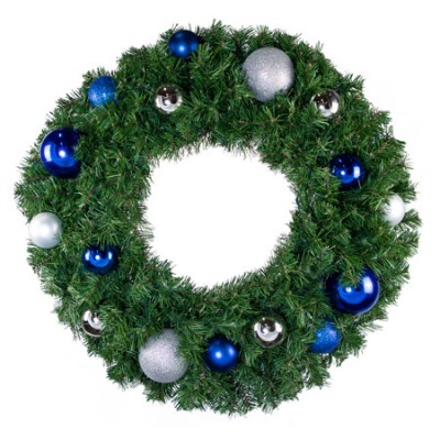 30" Unlit Decorated Wreath - Blue and Silver Décor - Bow Option Available