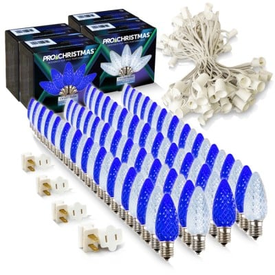 Light Line Kit - SPT-1 C9 100' White Cord, 12" spacing, 50 Pure White and 50 Blue Bulbs, with 4 Male and Female Slide on Plugs