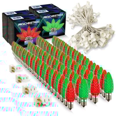 Light Line Kit - SPT-1 C9 100' White Cord, 12" spacing, 50 Red and 50 Green Bulbs, with 4 Male and Female Slide on Plugs