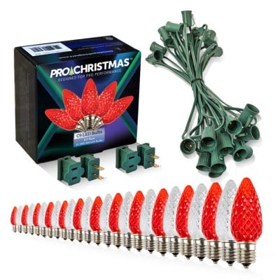 Light Line Kit - SPT-1 C9 25' Green Cord, 12" spacing, 13 Pure White and 12 Red Bulbs, with 2 Male and Female Slide on Plugs