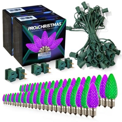Light Line Kit - SPT-1 C9 50' Green Cord, 12" spacing, 25 Purple and 25 Green, with 3 Male and Female Slide on Plugs
