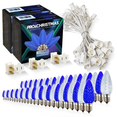 Light Line Kit - SPT-1 C9 50' White Cord, 12" spacing, 25 Pure White and 25 Blue Bulbs, with 3 Male and Female Slide on Plugs