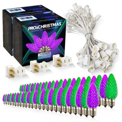 Light Line Kit - SPT-1 C9 50' White Cord, 12" spacing, 25 Purple and 25 Green, with 3 Male and Female Slide on Plugs