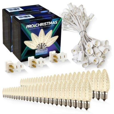 Light Line Kit - SPT-1 C9 50' White Cord, 12" spacing, 50 Warm White Bulbs, with 3 Male and Female Slide on Plugs