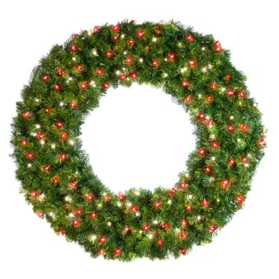48" Deluxe Oregon Fir Wreath - Lit with Pure White and Red LEDS - No Bow