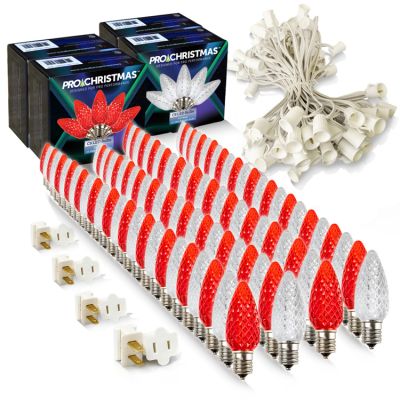 Light Line Kit - SPT-1 C9 100' White Cord, 12" spacing, 50 Pure White and 50 Red Bulbs, with Male and 4 Female Slide on Plugs