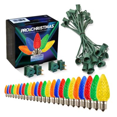 Light Line Kit - SPT-1 C9 25' Green Cord, 12" spacing, 25 Multi Bulbs, with 2 Male and Female Slide on Plugs