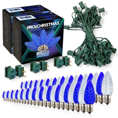 Pro Christmas C9 Light Line Kit - 50 Bulbs 12" Spacing Green Wire Blue and Pure White Bulbs
