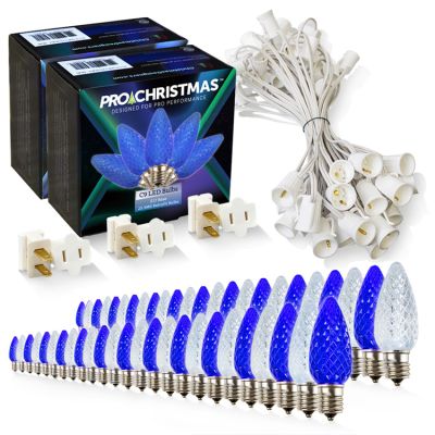 Light Line Kit - SPT-1 C9 50' White Cord, 12" spacing, 25 Pure White and 25 Blue Bulbs, with 3 Male and Female Slide on Plugs