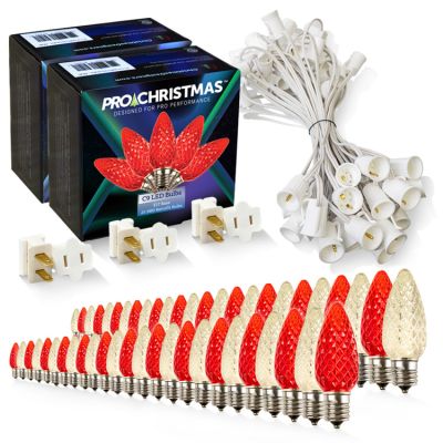 Light Line Kit - SPT-1 C9 50' White Cord, 12" spacing, 25 Warm White and 25 Red Bulbs, with 3 Male and Female Slide on Plugs