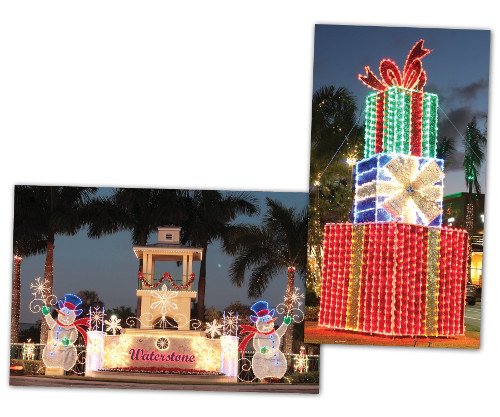 Waterstone Christmas display and stacked lighted presents