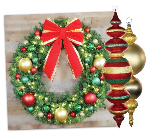 Christmas wreath with bow and ornaments